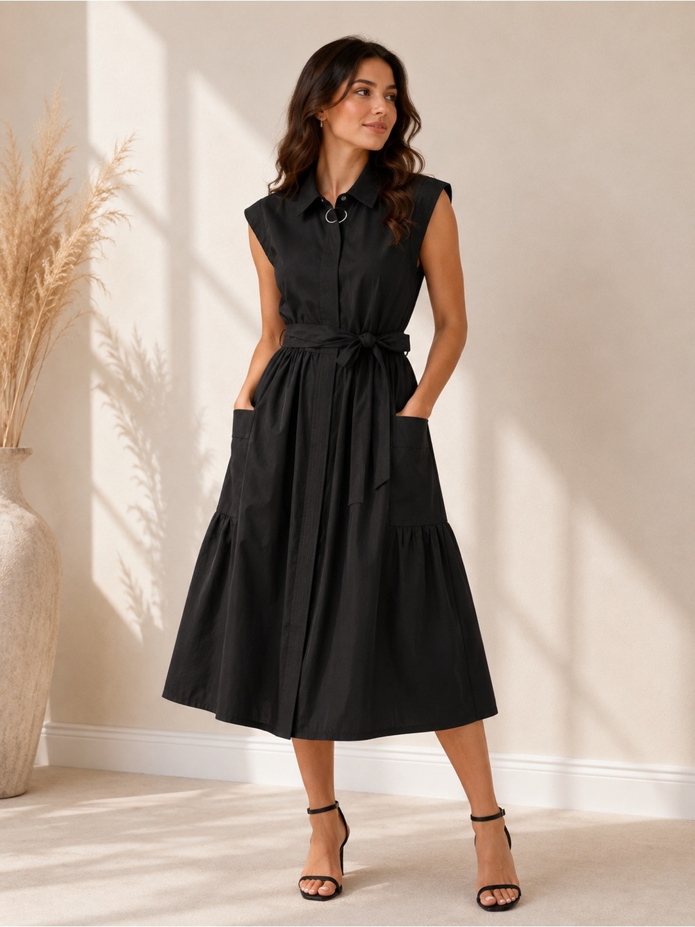 Black Sleeveless Midi Shirt Dress with Waist Tie